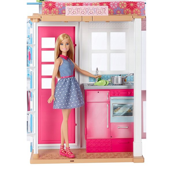 Barbie zweistöckiges Haus 54 cm mit Mattel-Puppe für Kinder ab 12 Monaten
