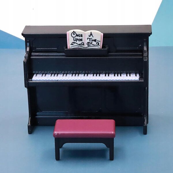 Mini pianoforte e sgabello in legno per casa delle bambole scala 1:12 nero