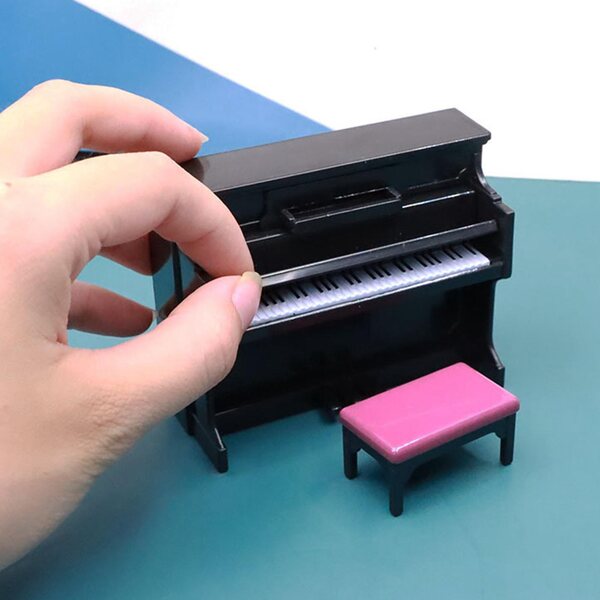 Mini pianoforte e sgabello in legno per casa delle bambole scala 1:12 nero