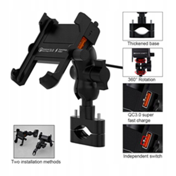 Supporto telefono motociclista regolabile e impermeabile per scooter e moto 12-24V