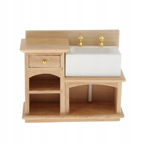 Miniatur-Holzschrank mit Keramikwaschbecken für Puppenhaus 1:12