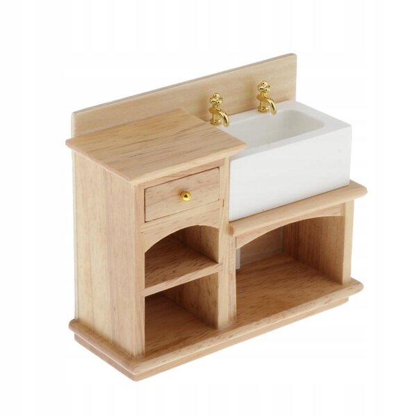 Miniatura mobile in legno con lavello ceramico per casa delle bambole 1:12