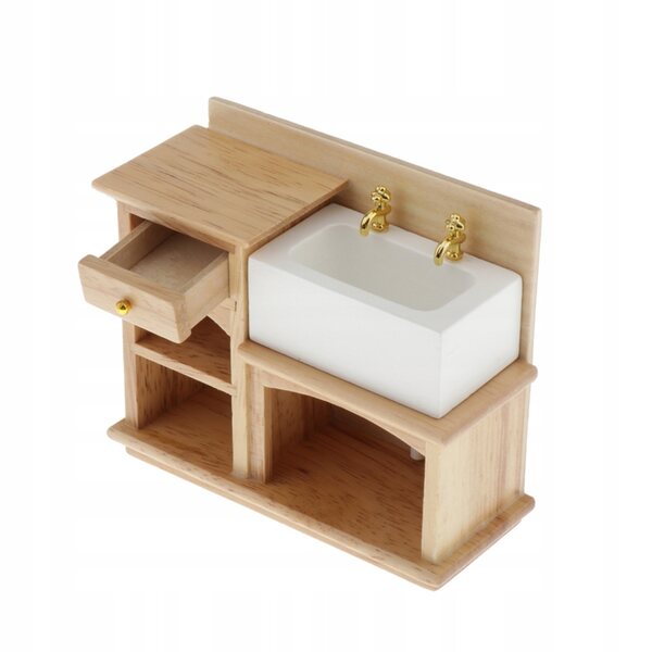 Miniatura mobile in legno con lavello ceramico per casa delle bambole 1:12