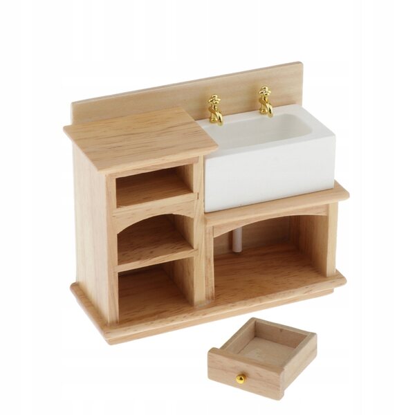Miniatura mobile in legno con lavello ceramico per casa delle bambole 1:12