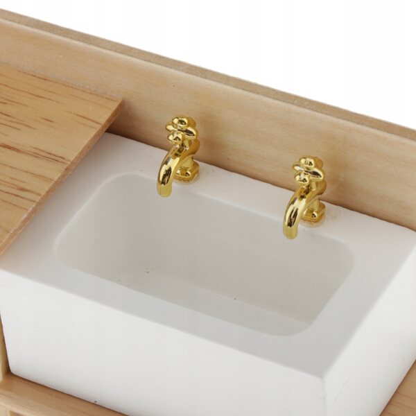 Miniatura mobile in legno con lavello ceramico per casa delle bambole 1:12