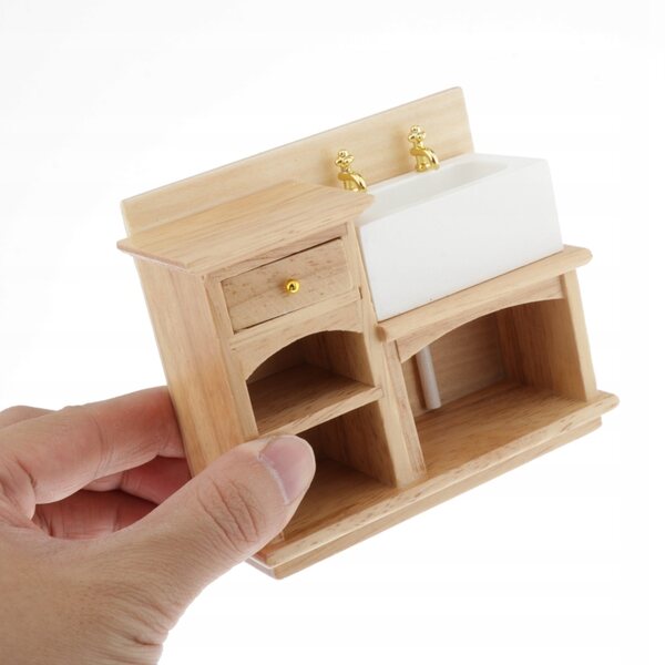 Miniatura mobile in legno con lavello ceramico per casa delle bambole 1:12