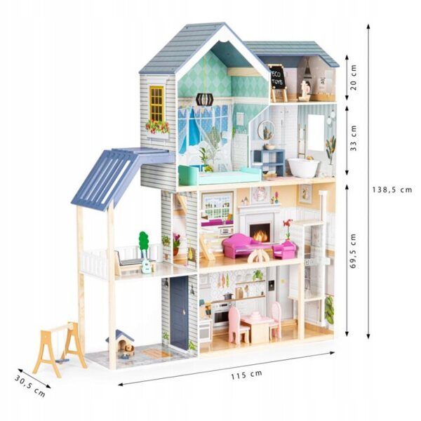 Cottage per bambole in legno 139 cm grande con 4 livelli, arredamento completo e accessori