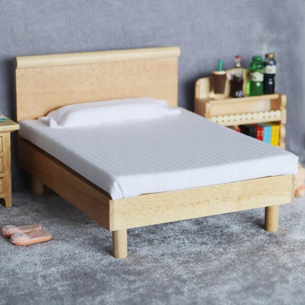1:12 Puppenhaus Miniatur-Holzbett mit Stoff und Nachttisch