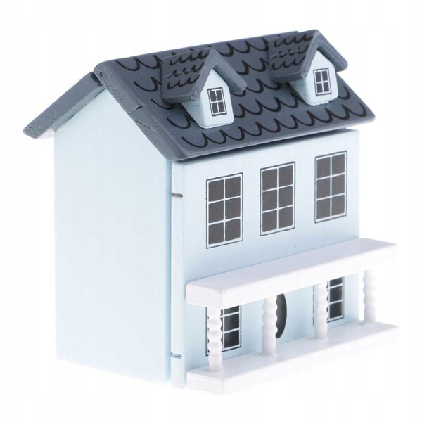 Miniatura Casa per Bambole 1:12 in Legno Blu con Porte e Tetto Apribili