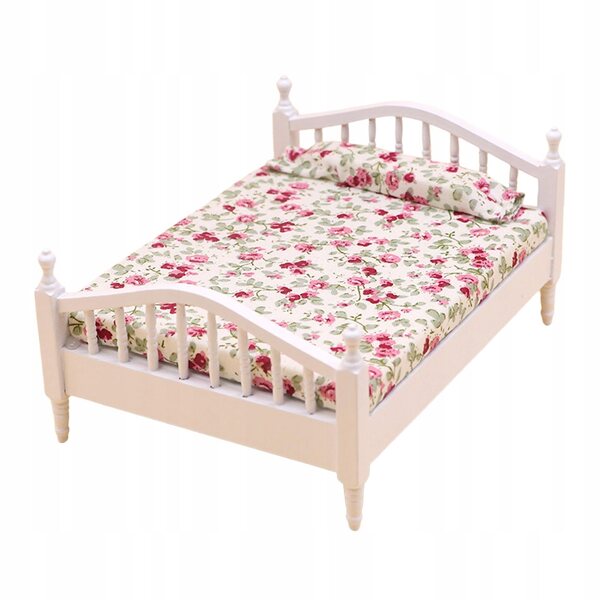 Einzelbett aus Holz, Miniatur für Puppenhaus 1/12, weiß und rosa