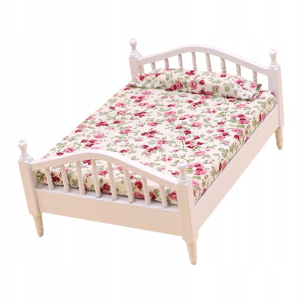 Einzelbett aus Holz, Miniatur für Puppenhaus 1/12, weiß und rosa