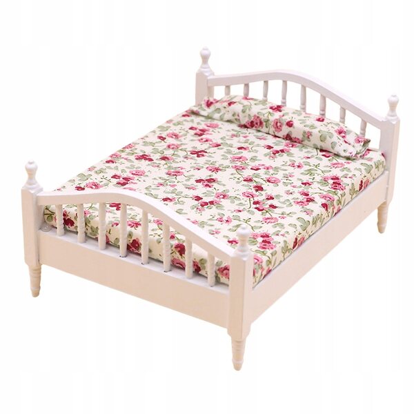 Einzelbett aus Holz, Miniatur für Puppenhaus 1/12, weiß und rosa