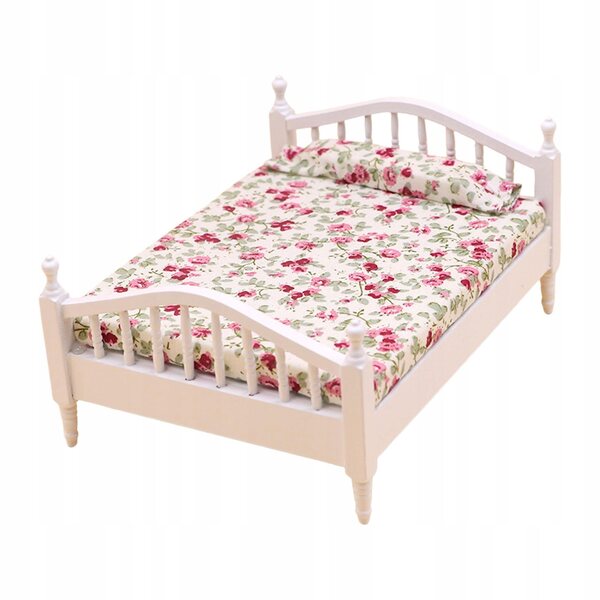 Einzelbett aus Holz, Miniatur für Puppenhaus 1/12, weiß und rosa