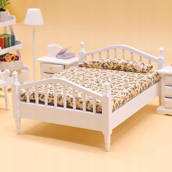 Einzelbett aus Holz, Miniatur für Puppenhaus 1/12, weiß und rosa