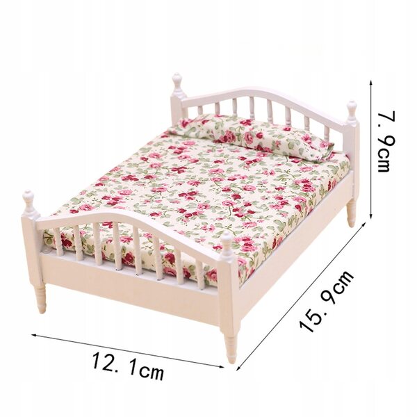 Einzelbett aus Holz, Miniatur für Puppenhaus 1/12, weiß und rosa