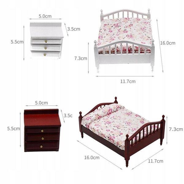 Letto matrimoniale miniatura in legno per casa delle bambole 1:12 16x11,7x7,3 cm