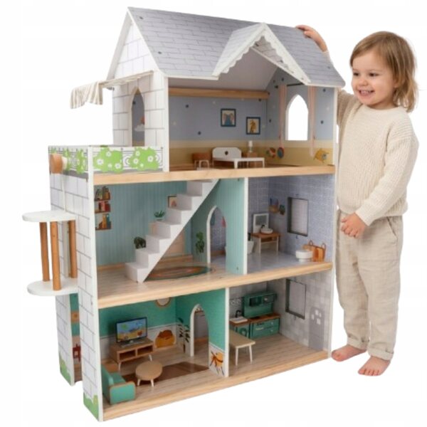 Dollhouse in legno XXL 81,5x26,5x71 cm con mobili e ascensore per bimbi 3+