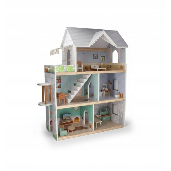 Dollhouse in legno XXL 81,5x26,5x71 cm con mobili e ascensore per bimbi 3+