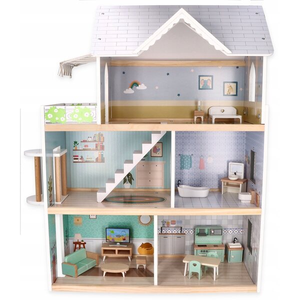 Dollhouse in legno XXL 81,5x26,5x71 cm con mobili e ascensore per bimbi 3+