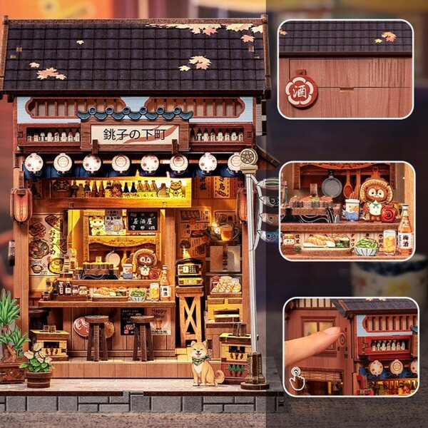 3D-Modell japanischer Miniatur-Izakaya aus Holz mit verstellbaren LED-Lichtern