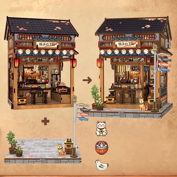 3D-Modell japanischer Miniatur-Izakaya aus Holz mit verstellbaren LED-Lichtern