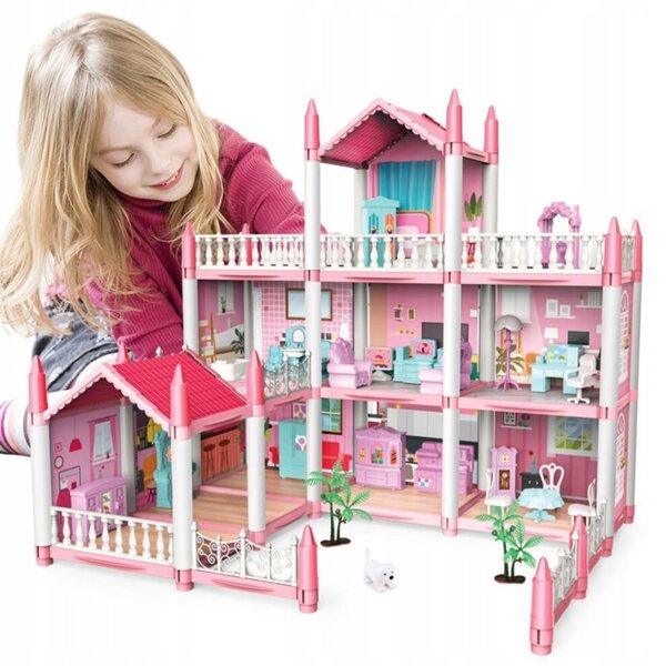 Grande casa delle bambole con 9 stanze, terrazza, giardino e mobili mobili