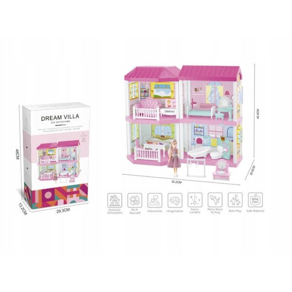 Icom Polonia Puppenhaus 48 cm mit Möbeln und einer Puppe, Set mit 89 Elementen