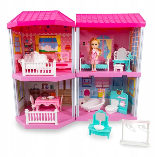 Icom Polonia Puppenhaus 48 cm mit Möbeln und einer Puppe, Set mit 89 Elementen