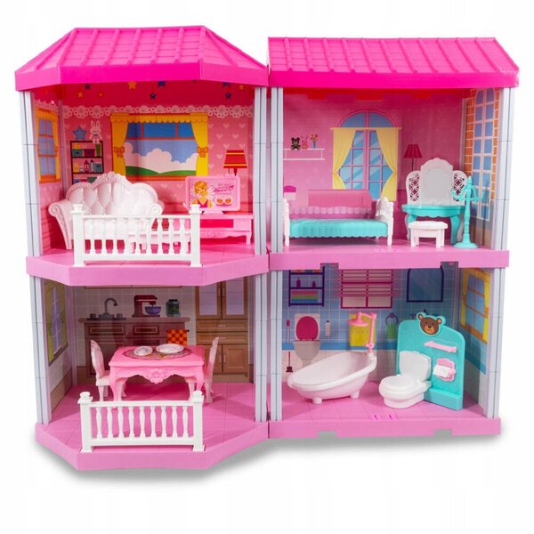 Icom Polonia Puppenhaus 48 cm mit Möbeln und einer Puppe, Set mit 89 Elementen