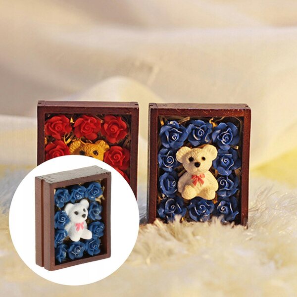 1:12 Puppenhaus-Miniatur-Geschenkbox mit blauer Rose aus Kunstharz