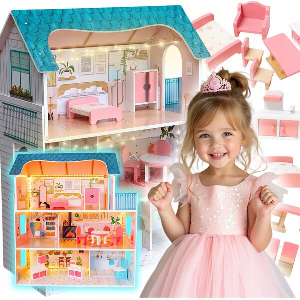 Casa delle bambole in legno Happy Kiddo 70 cm con illuminazione a LED e mobili