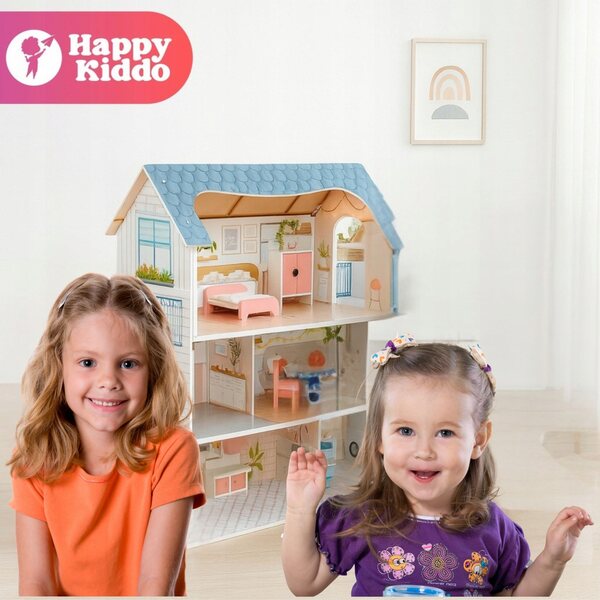 Casa delle bambole in legno Happy Kiddo 70 cm con illuminazione a LED e mobili