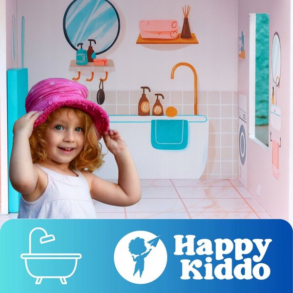 Casa delle bambole in legno Happy Kiddo 70 cm con illuminazione a LED e mobili