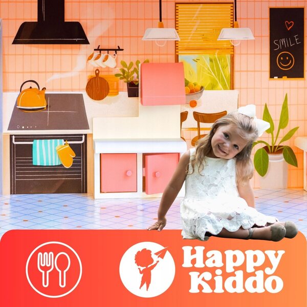 Casa delle bambole in legno Happy Kiddo 70 cm con illuminazione a LED e mobili