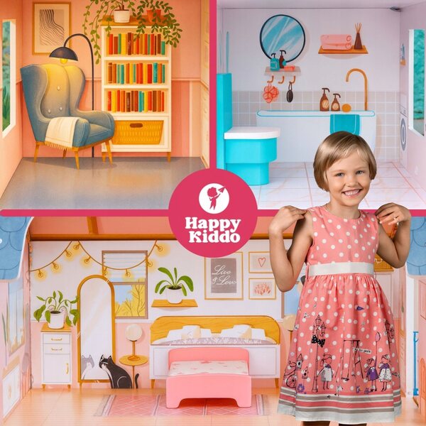 Casa delle bambole in legno Happy Kiddo 70 cm con illuminazione a LED e mobili