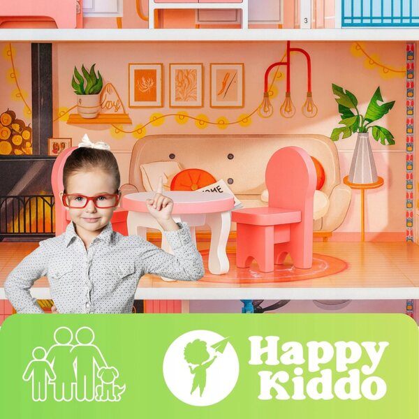 Casa delle bambole in legno Happy Kiddo 70 cm con illuminazione a LED e mobili