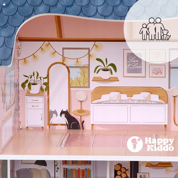 Casa delle bambole in legno Happy Kiddo 70 cm con illuminazione a LED e mobili