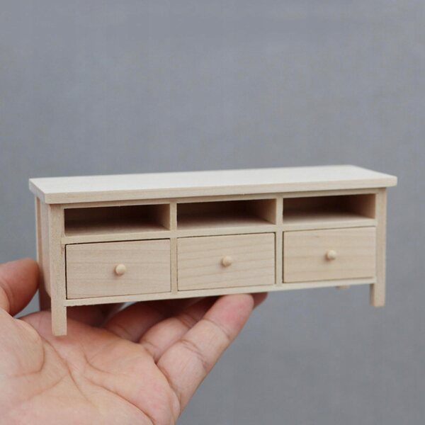 1:12 Puppenhaus-Miniatur-TV-Schrank aus Holz mit 3 aufklappbaren Schubladen