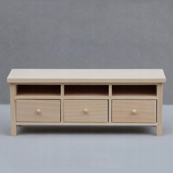 1:12 Puppenhaus-Miniatur-TV-Schrank aus Holz mit 3 aufklappbaren Schubladen