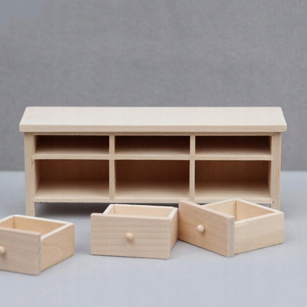 1:12 Puppenhaus-Miniatur-TV-Schrank aus Holz mit 3 aufklappbaren Schubladen