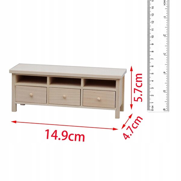 1:12 Puppenhaus-Miniatur-TV-Schrank aus Holz mit 3 aufklappbaren Schubladen