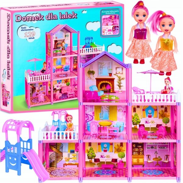 Grande casa delle bambole con 129 elementi, 2 bambole e arredi vari