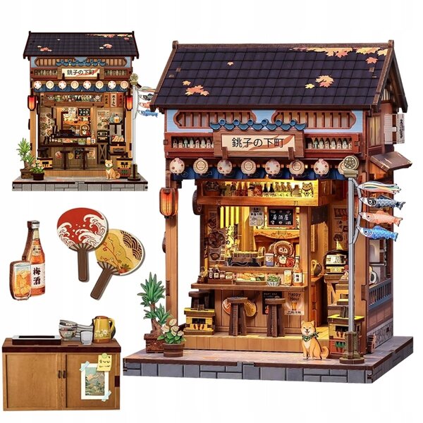 Japanische Izakaya-Miniatur aus Holz mit LED-Lichtern und Laternen, braune Farbe