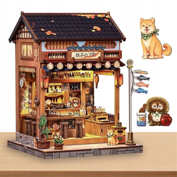 Japanische Izakaya-Miniatur aus Holz mit LED-Lichtern und Laternen, braune Farbe
