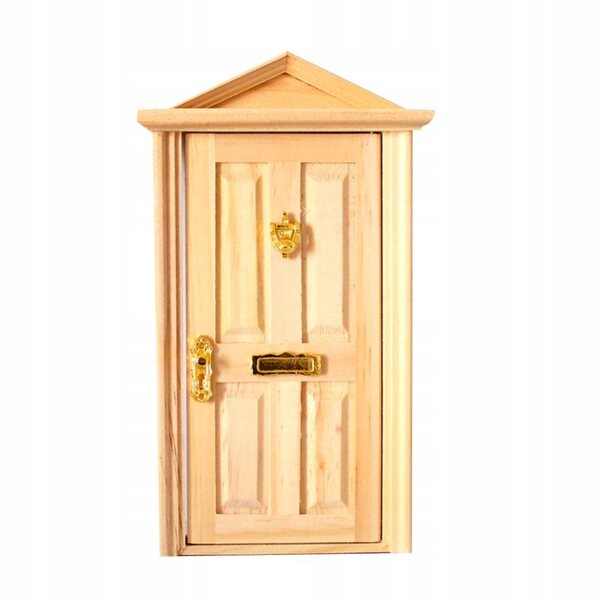 1:12 Puppenhaustür aus Naturholz mit 4 Paneelen und Schrägdach
