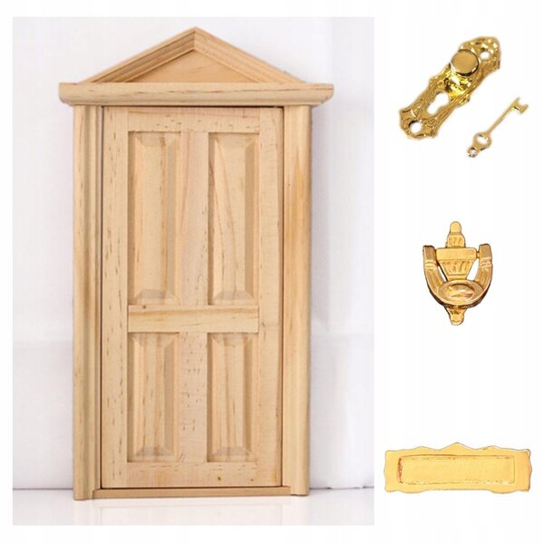 1:12 Puppenhaustür aus Naturholz mit 4 Paneelen und Schrägdach