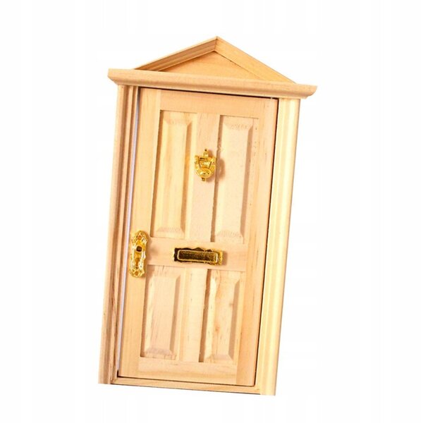 1:12 Puppenhaustür aus Naturholz mit 4 Paneelen und Schrägdach
