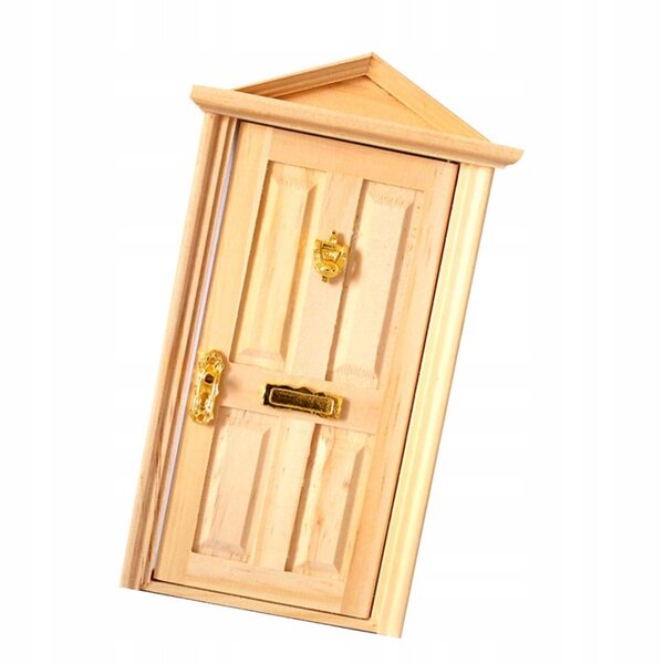 1:12 Puppenhaustür aus Naturholz mit 4 Paneelen und Schrägdach
