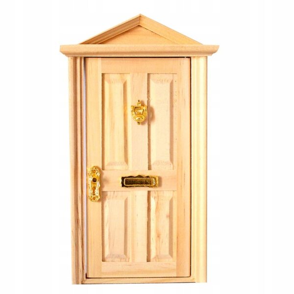 1:12 Puppenhaustür aus Naturholz mit 4 Paneelen und Schrägdach