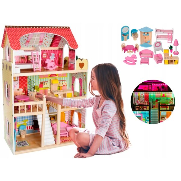 Grande casa per bambole in legno con accessori e luci LED, ideale per bambini